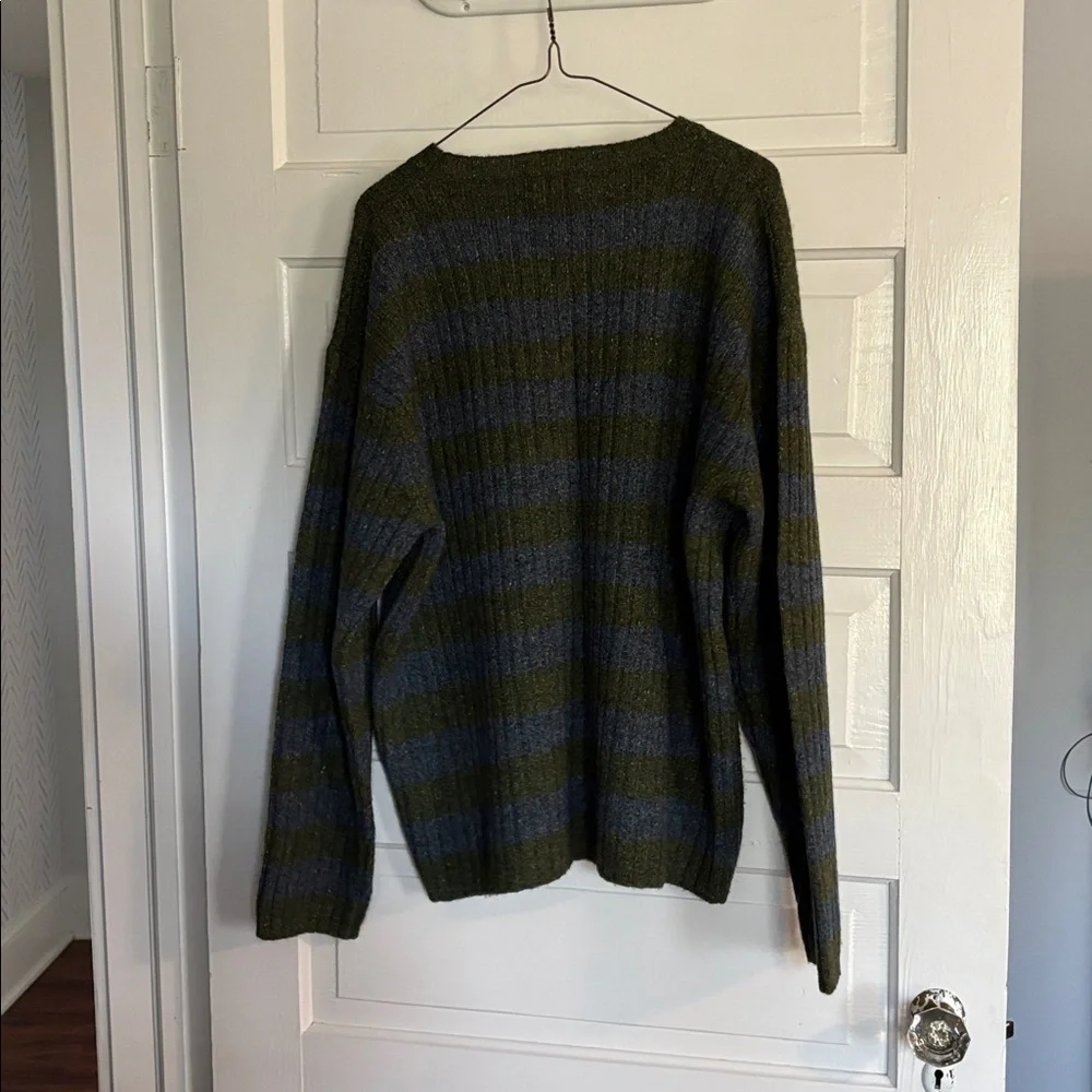 Vintage 1990s Tommy Hilfiger Olive and Light Blue Striped Lambs Wool Sweater